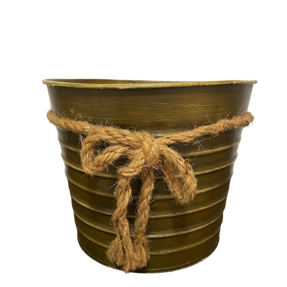 Brown Metal Ribbed Bucket with Rope Bow Fall Home Decor